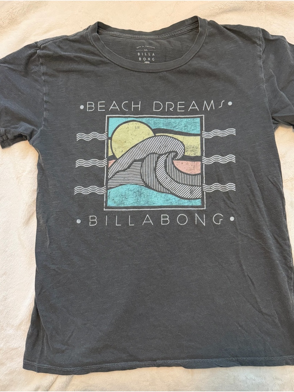 Billabong Charcoal Tee with Teal, Yellow, Pink & Cream Surf Graphic